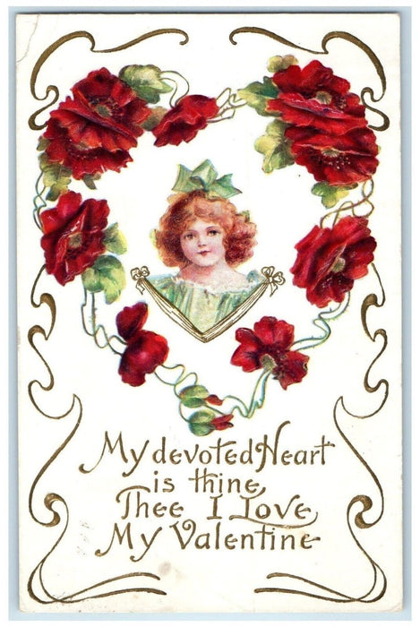 1909 Valentine Pretty Girl Flowers Embossed Preston Minnesota MN Posted Postcard