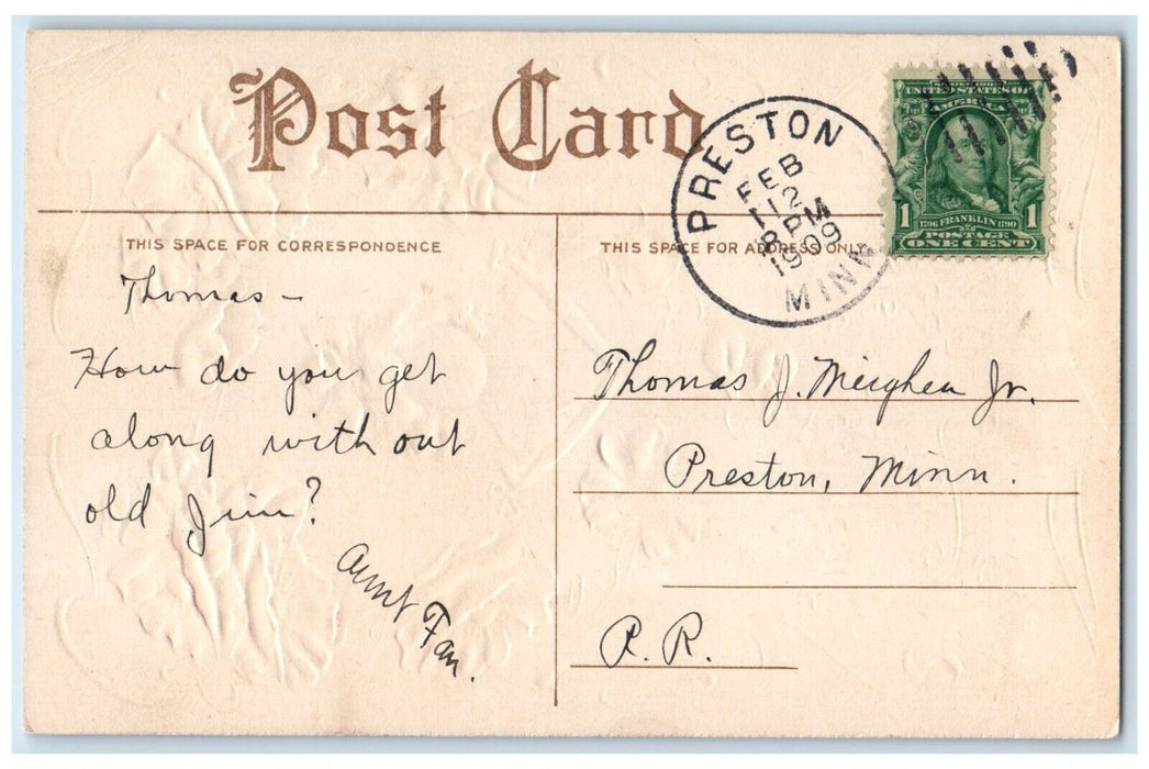 1909 Valentine Pretty Girl Flowers Embossed Preston Minnesota MN Posted Postcard