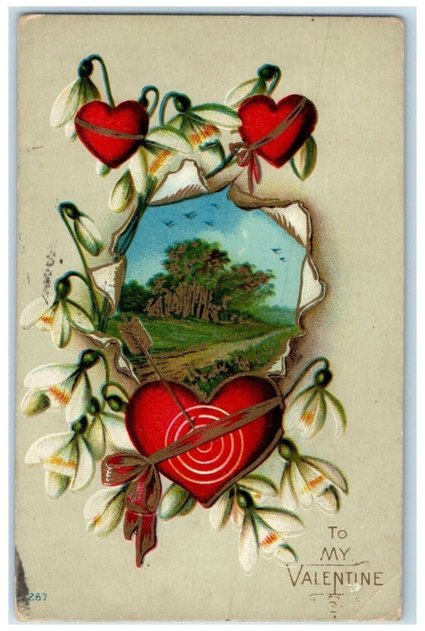 1911 Valentine Hearts Flowers Embossed Quincy Illinois IL Antique Postcard