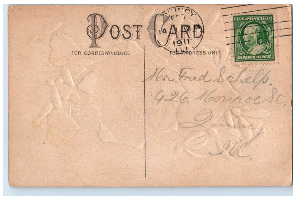 1911 Valentine Hearts Flowers Embossed Quincy Illinois IL Antique Postcard