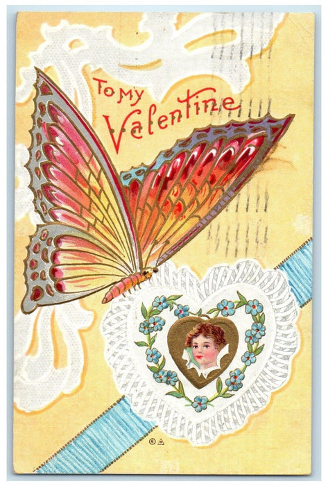 1912 Valentine Heart Flowers Butterfly Embossed Oldtown Maine ME Posted Postcard