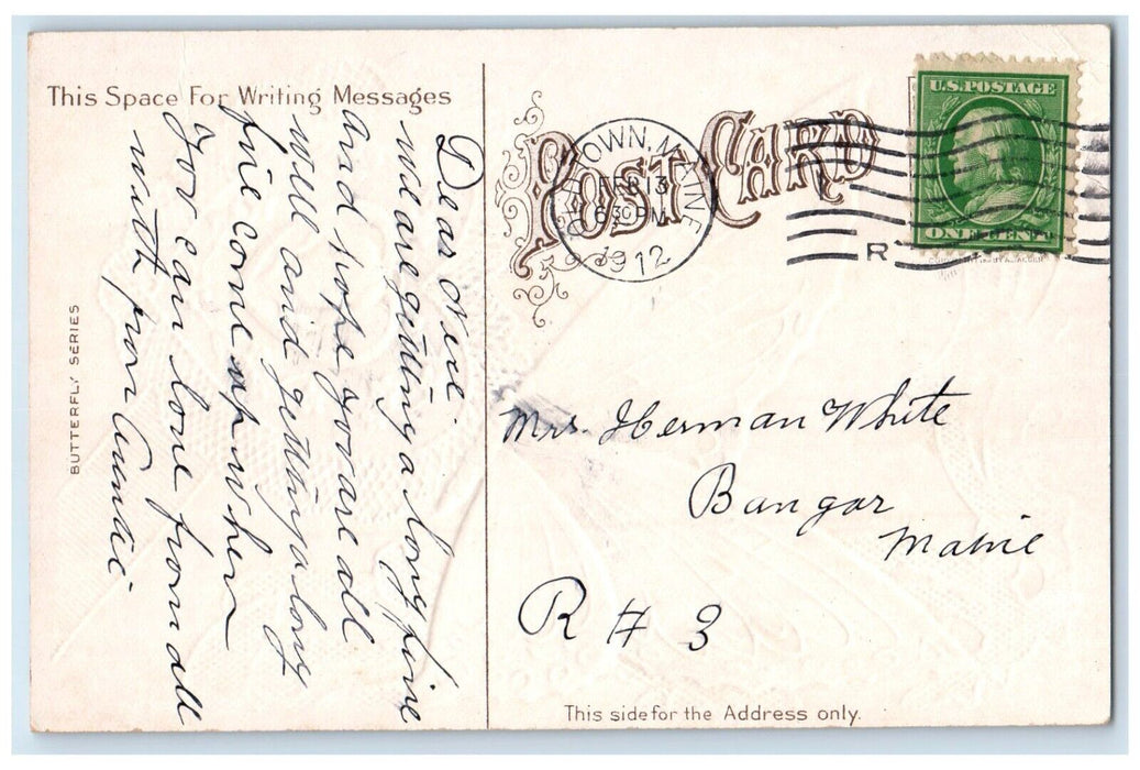 1912 Valentine Heart Flowers Butterfly Embossed Oldtown Maine ME Posted Postcard