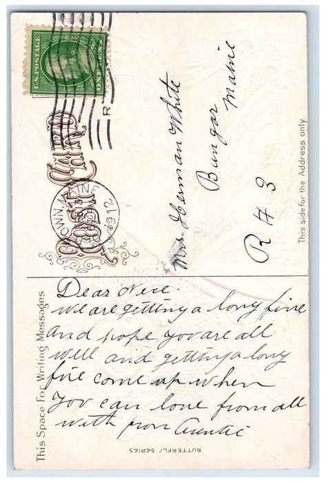 1912 Valentine Heart Flowers Butterfly Embossed Oldtown Maine ME Posted Postcard