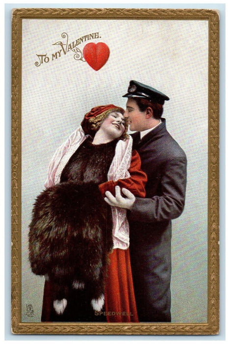 c1910's Valentine Couple Romance Fur Heart Speedwell Tuck's Antique Postcard
