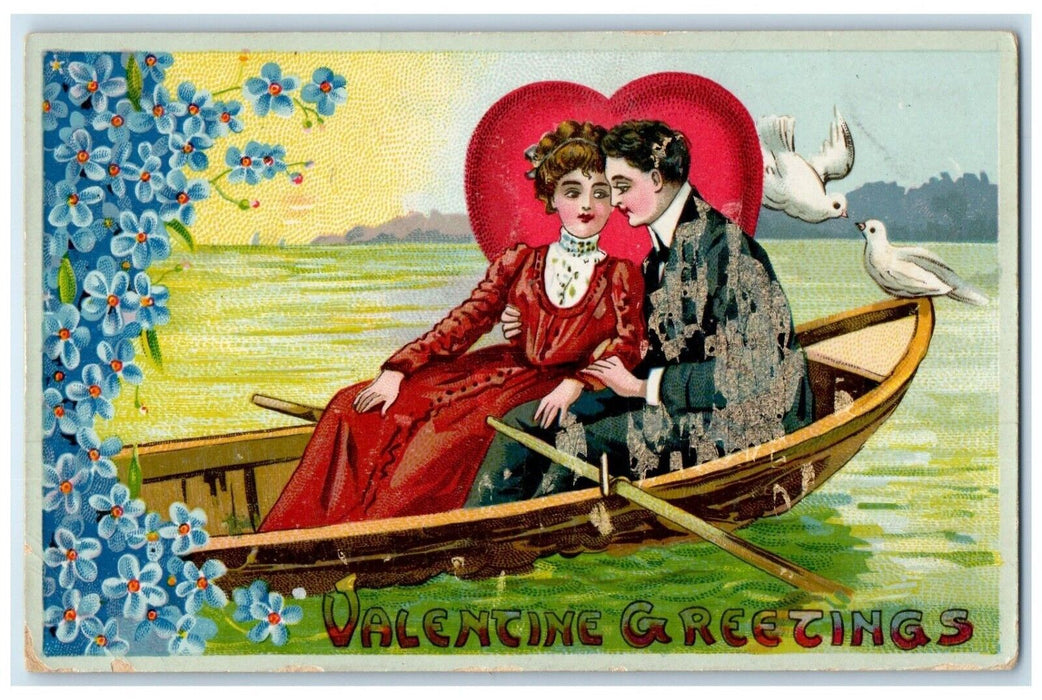 Valentine Greetings Couple Romance Boating Birds Flowers Lakeville MN Postcard