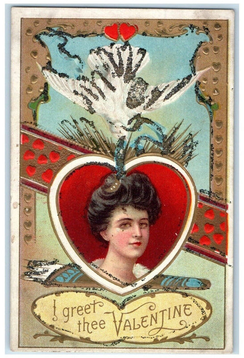 c1910's Valentine Pretty Woman Heart Dove Hearts Glitter Embossed Postcard