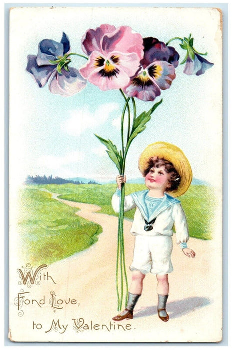 c1910's Valentine Boy Holding Flowers Embossed Posted Antique Tuck's Postcard