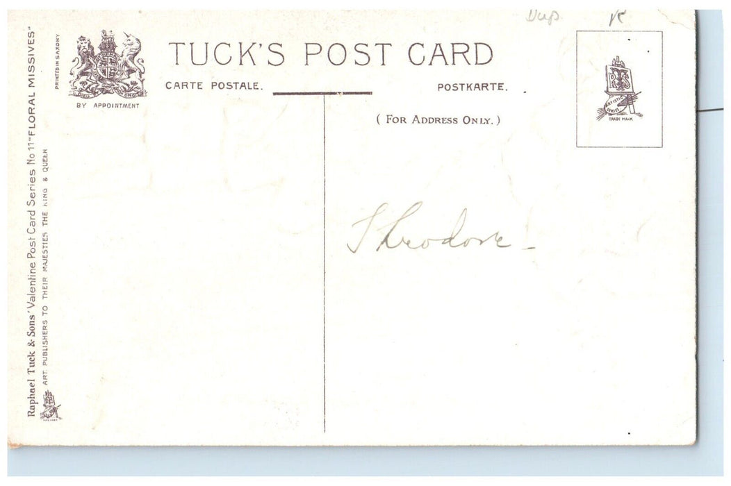 c1910's Valentine Boy Holding Flowers Embossed Posted Antique Tuck's Postcard