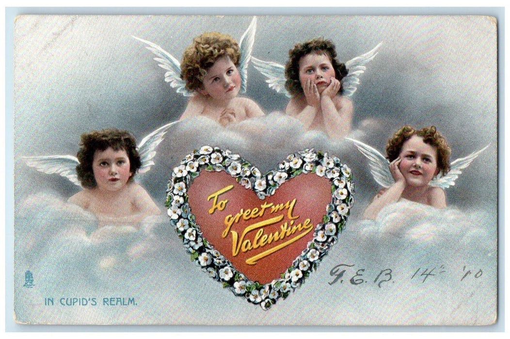 c1910's Valentine Greetings Cupid Angels Hearts Flowers Tuck's Antique Postcard