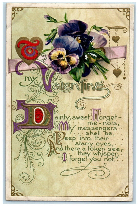1912 Valentine Flowers Hearts Embossed Winsch Back Embossed Antique Postcard