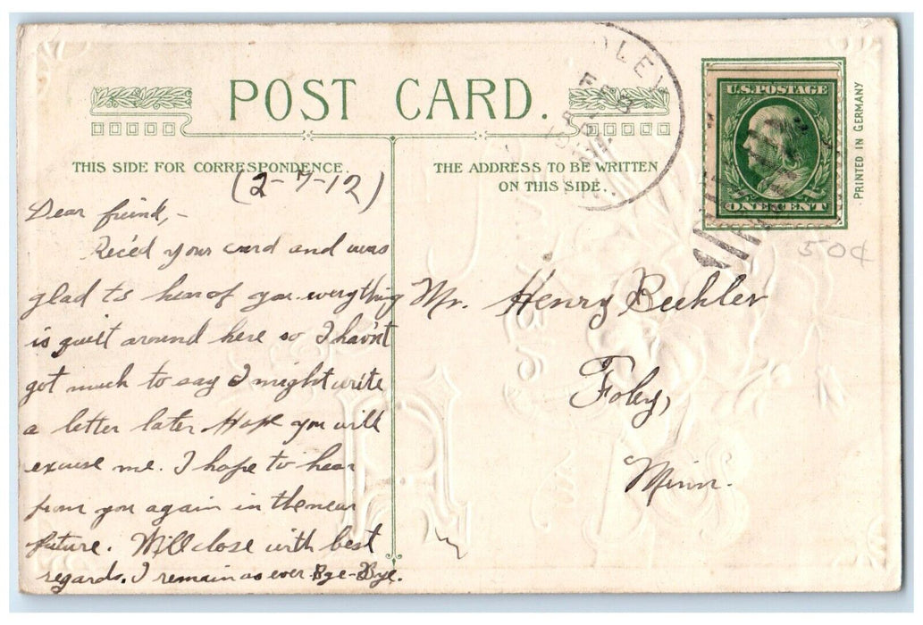 1912 Valentine Flowers Hearts Embossed Winsch Back Embossed Antique Postcard