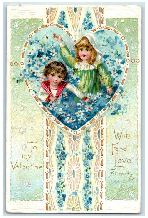 Valentine Heart Children Pansies Flowers Embossed Thompsonville CT Postcard