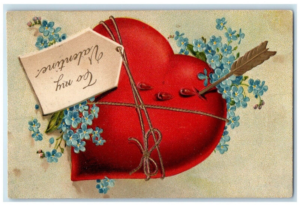 1909 Valentine Big Heart Arrow Pansies Flowers Embossed Halstad MN Postcard