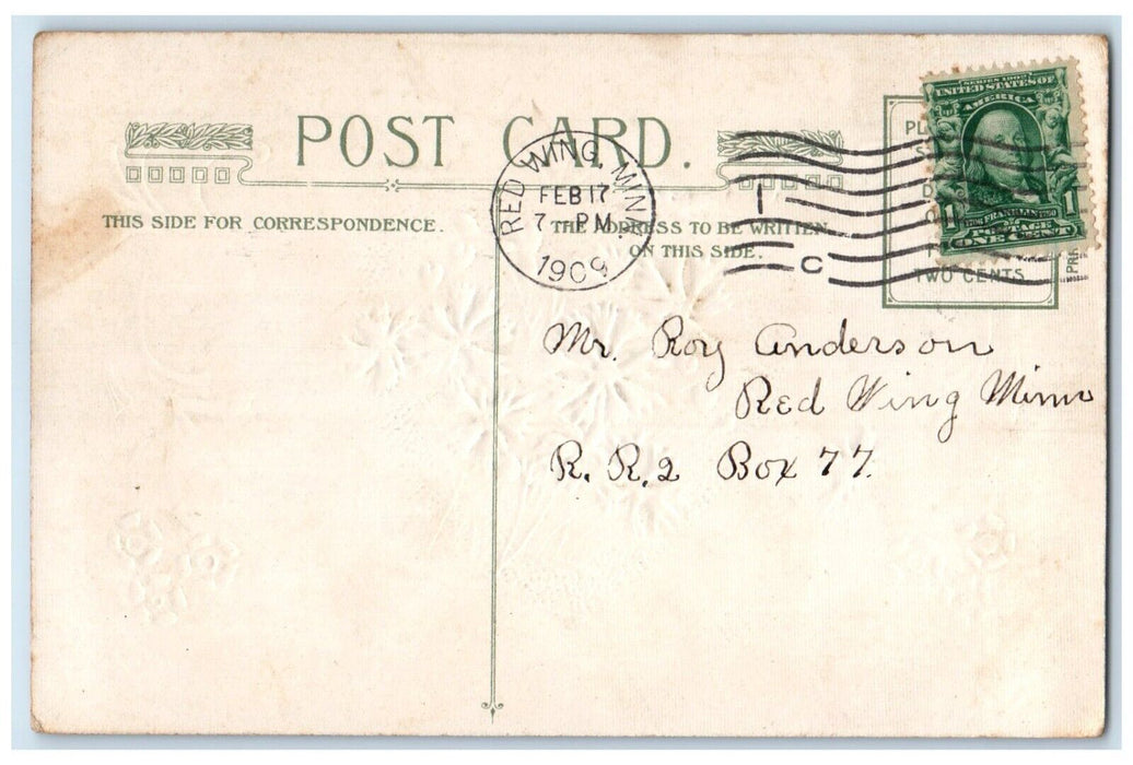 1909 Valentine Heart Flowers Embossed Winsch Back Embossed Red Wing MN Postcard