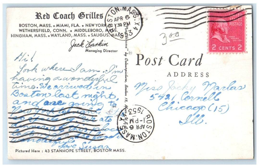 1953 Interior View Red Coach Grillers Fireplace Boston Massachusetts MA Postcard