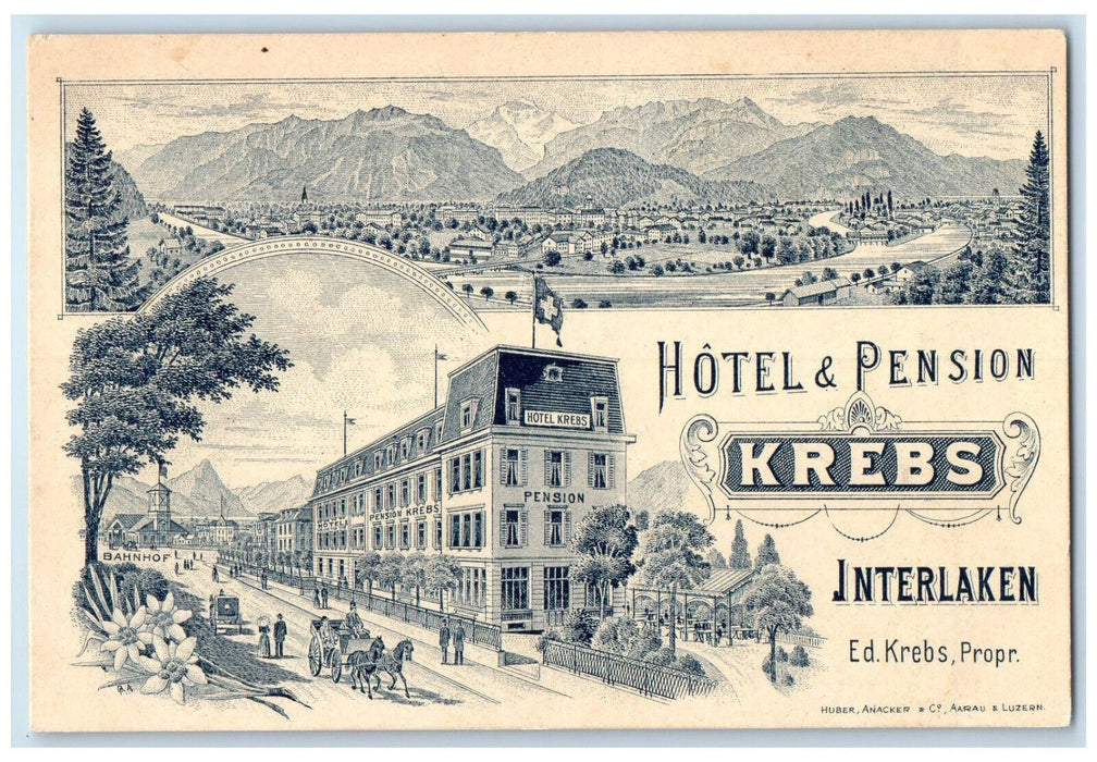 c1905 Hotel & Pension Krebs Interlaken Bernese Oberland Switzerland Postcard