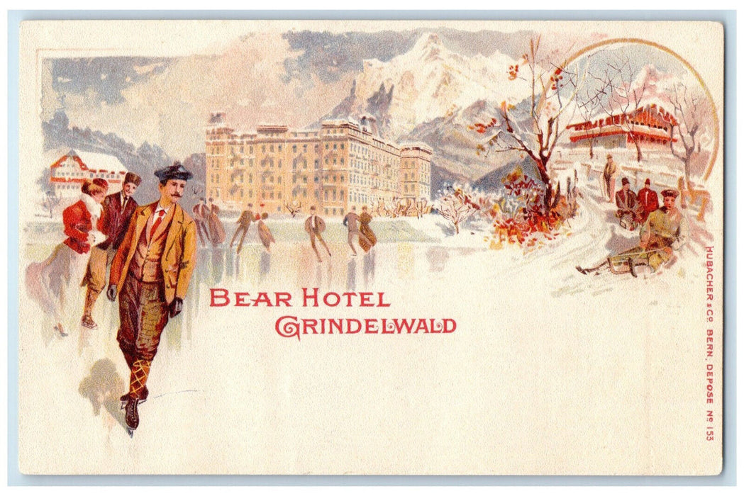 c1905 Bear Hotel Grindelwald Ice Skating Switzerland Unposted Postcard