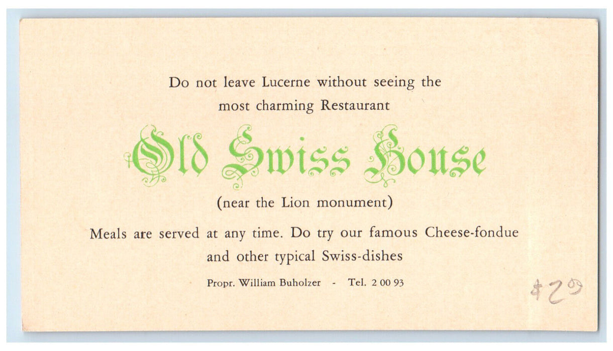 c1940's Old Swiss House Restaurant Lucerne Switzerland Unposted Postcard