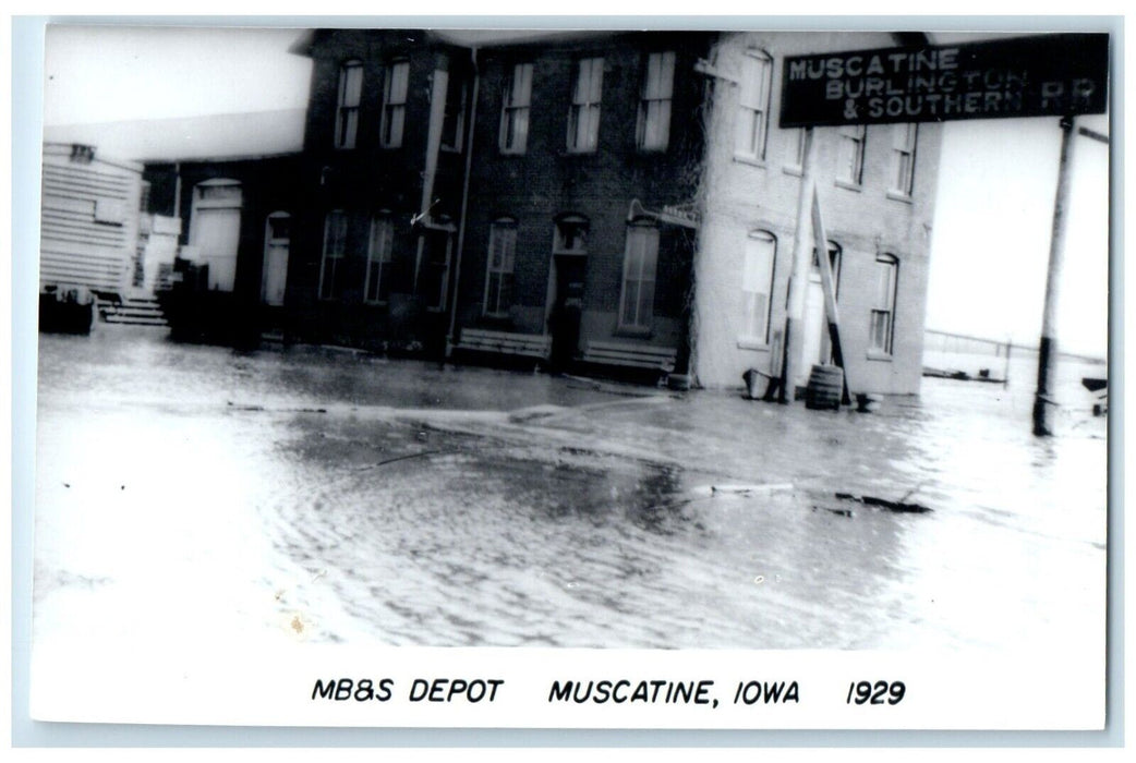 1929's MB&S Muscatine Iowa IA Railroad Train Depot Station RPPC Photo Postcard