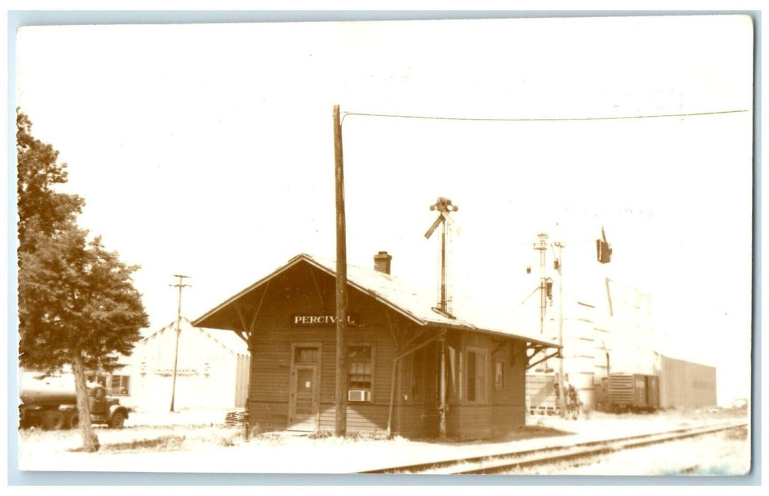 1960's Percival Iowa IA Railroad Vintage Train Depot Station RPPC Photo Postcard