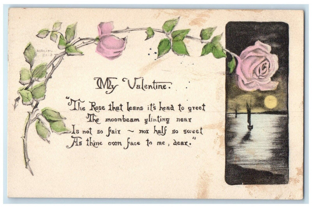 1914 Valentine Roses Flowers Sailboat Moon Scene St. Paul Minnesota MN Postcard