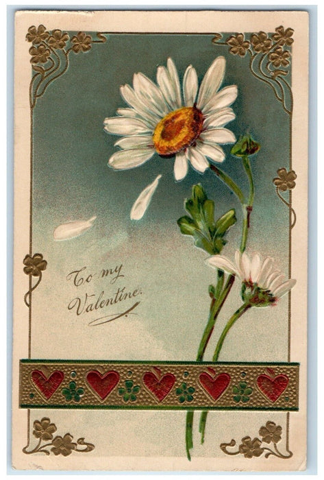 1909 Valentine White Flowers Hearts Embossed Clarkfield Minnesota MN Postcard