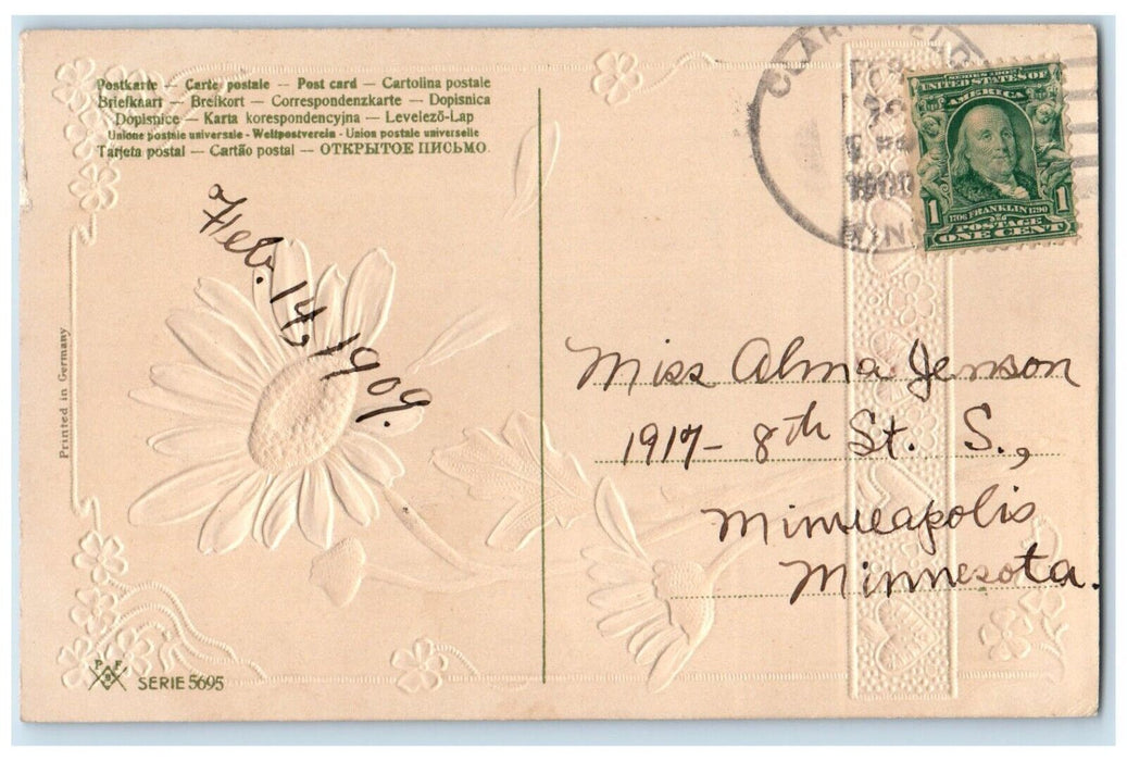 1909 Valentine White Flowers Hearts Embossed Clarkfield Minnesota MN Postcard
