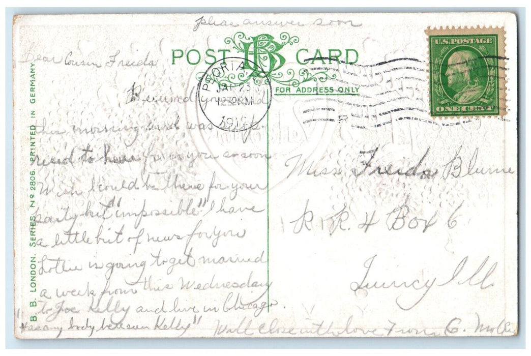 1912 Valentine Message Heart And Pansies Flowers Embossed Peoria IL Postcard