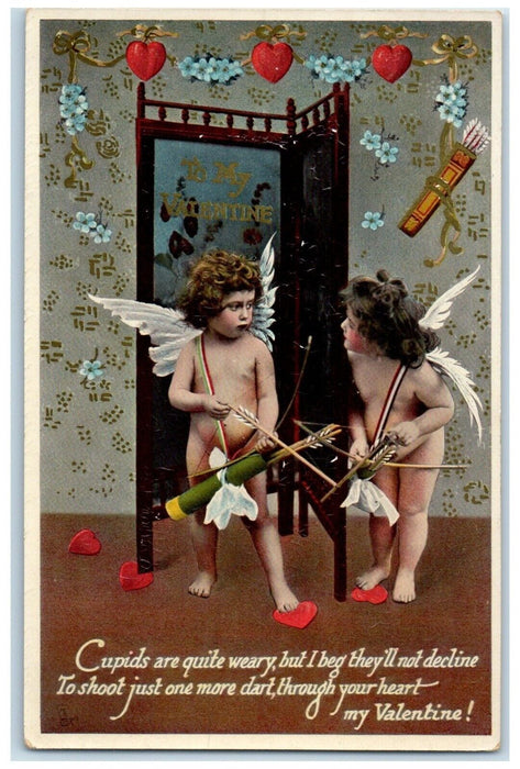c1910's Valentine Cupid Angel Hearts And Flowers Bow And Arrow Tuck's Postcard