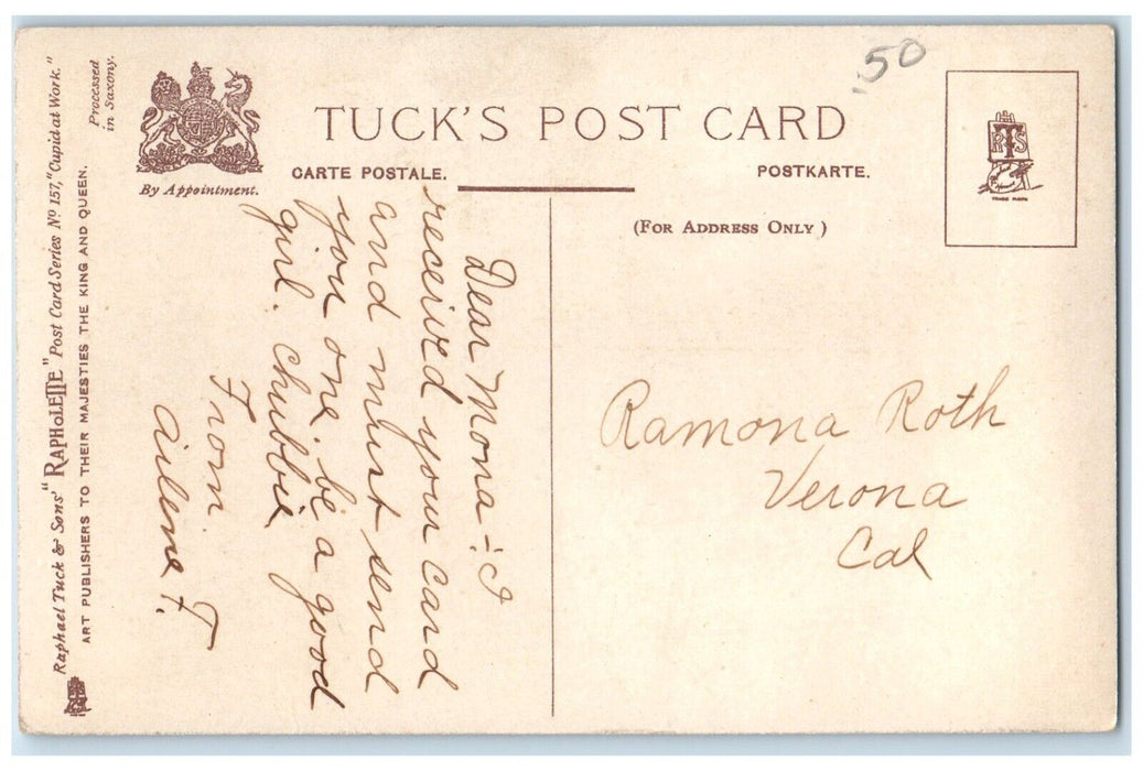c1910's Valentine Cupid Angel Hearts And Flowers Bow And Arrow Tuck's Postcard