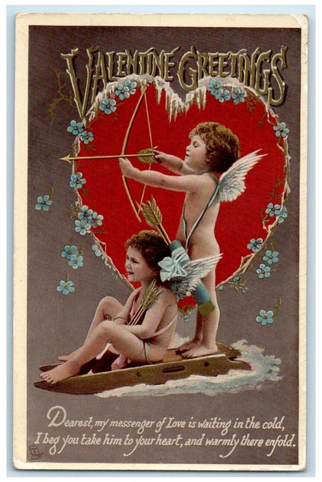 c1910's Valentine Greetings Cupid Angel Sled Heart Bow Arrow  Tuck's Postcard