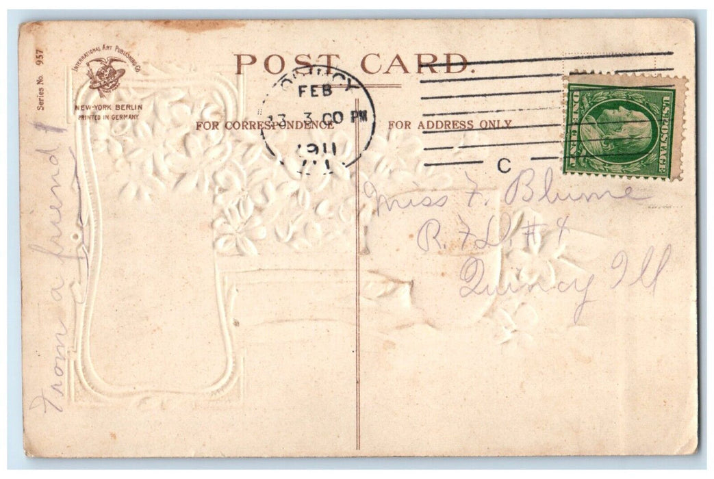 1911 Valentine Heart And Flowers Clapsaddle Embossed Quincy Illinois IL Postcard