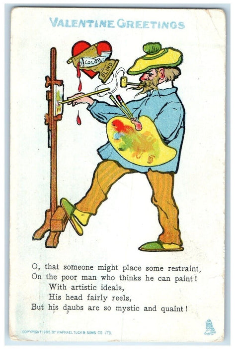 1914 Valentine Greetings Heart Man Painter Smoking Pipe Tuck's Antique Postcard