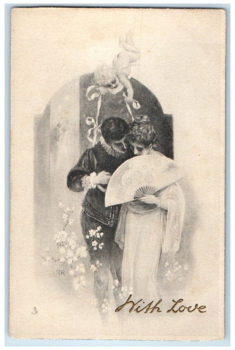 c1905 Valentine Couple Romance Fan Cupid Angel Tuck's Unposted Antique Postcard