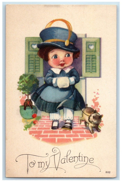 c1910's Valentine Pretty Girl And Dog Flowers Scene Posted Antique Postcard