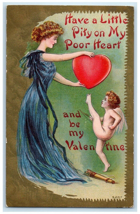 c1910's  Valentine Heart Cupid Angel Woman Little Pity On My Poor Heart Postcard