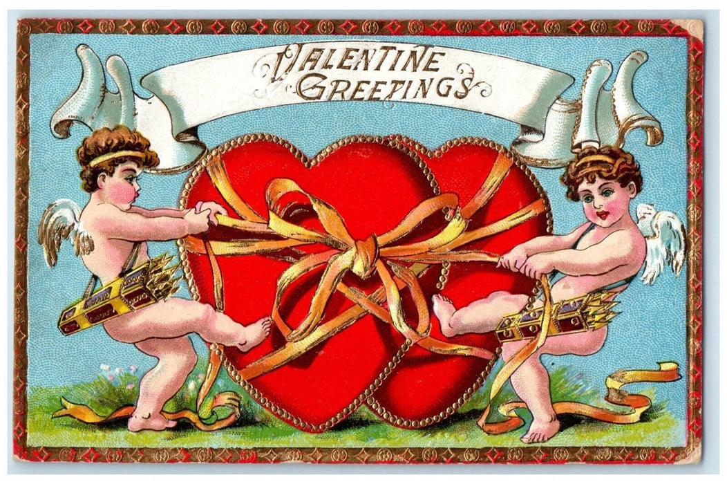 1910 Valentine Greetings Cupid Angels Giant Hearts Embossed St. Paul MN Postcard