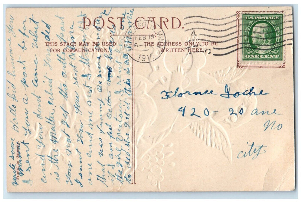 1910 Valentine Cupid Angel And Flowers Embossed Minneapolis Minnesota Postcard