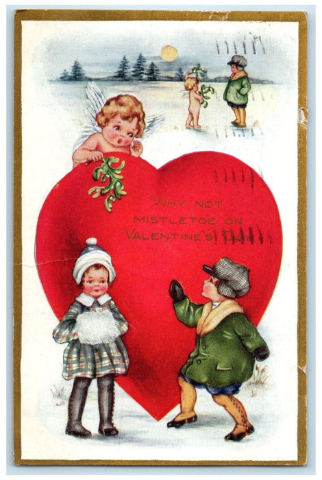 1917 Valentine Cupid Angel Giant Heart Mistletoe Winter Minneapolis MN Postcard