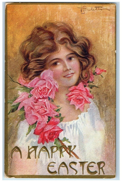 1911 Easter Pretty Woman Curly Hair Pink Flowers Primrose Nebraska NE Postcard