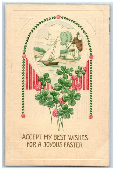 1912 Easter Shamrock Sailboat Embossed Winona Minnesota MN Antique Postcard