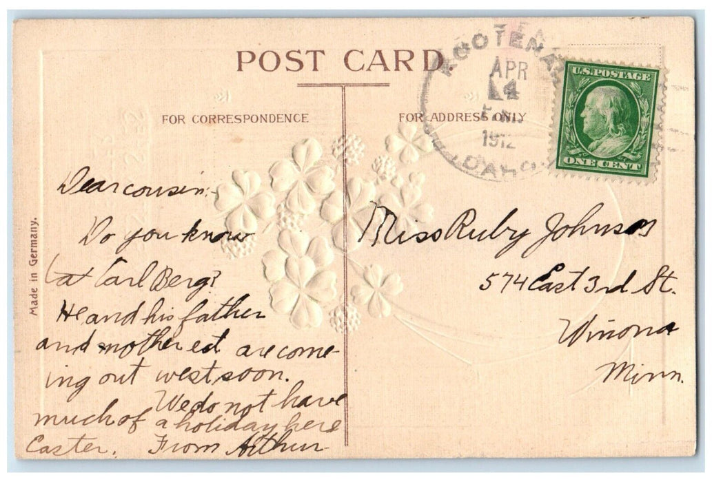 1912 Easter Shamrock Sailboat Embossed Winona Minnesota MN Antique Postcard