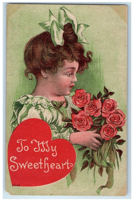 1910 Valentine Heart Pretty Girl Curly Hair Roses Flowers Kenyon MN Postcard