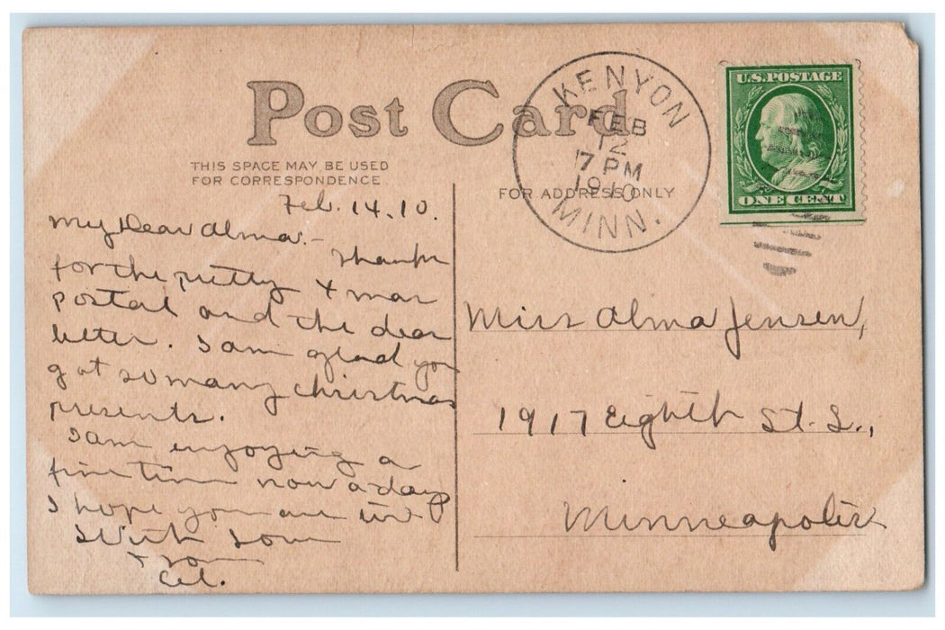 1910 Valentine Heart Pretty Girl Curly Hair Roses Flowers Kenyon MN Postcard