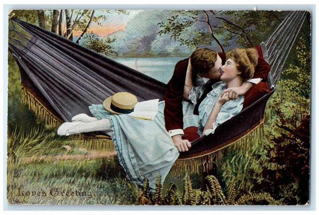 c1910's Valentine Sweet Couple Kissing Romance Hammock Tuck's Antique Postcard