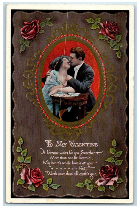 c1910's Valentine Sweet Couple Romance Red Roses Flowers Tuck's Antique Postcard