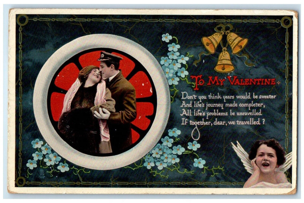 1915 Valentine Sweet Couple Romance Ringing Bells Flowers Tuck's Posted Postcard