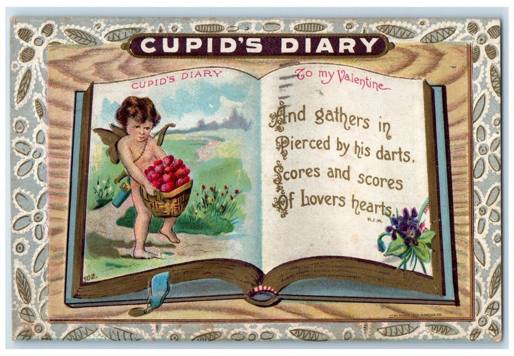 1910 Valentine Cupid's Diary Embossed St. Paul Minnesota MN Antique Postcard