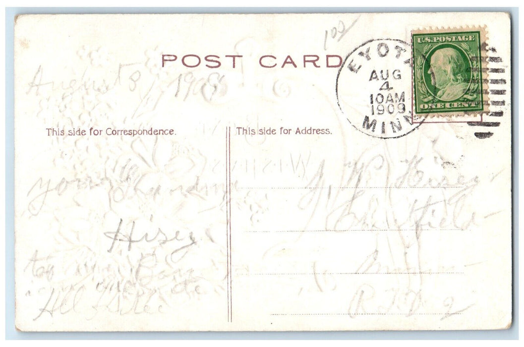 1909 Best Wishes Angel And Flowers Embossed Eyota Minnesota MN Antique Postcard
