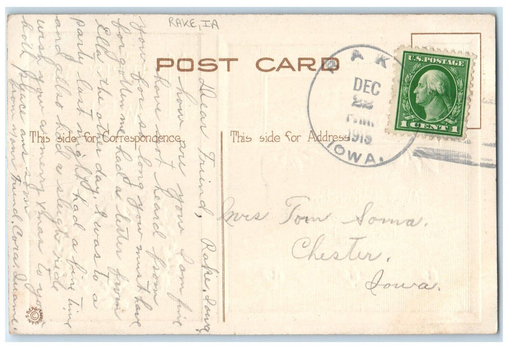 1915 Christmas Whreat Berries House Smoke Chimney Winter Rake Iowa IA Postcard